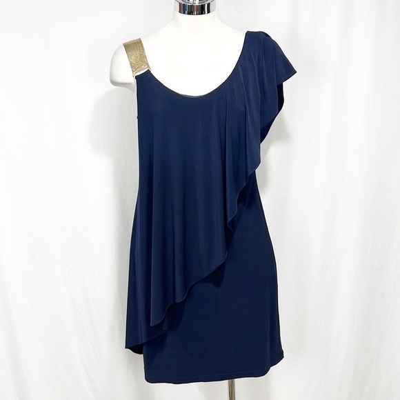 Betsy & Adam Navy Blue Gold Metal Mesh Ruffle One Shoulder Sheath Dress 4 NWT - Picture 2 of 13